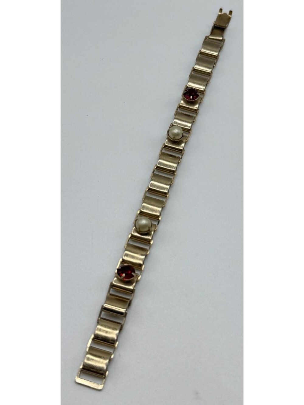 1940 Tank Track Tread Bracelet WWII Gold Tone Red Stone Faux Pearl Chunky